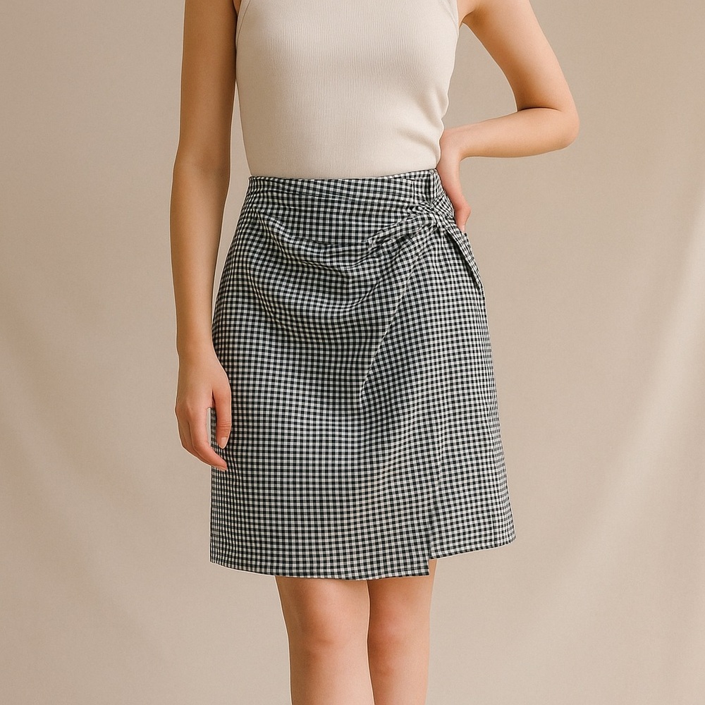 J.Jill Black & White Gingham Checkered A Line Wrap Skirt
